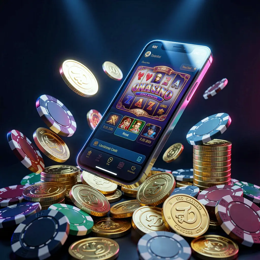 BC8 online casino app promotion banner showing a phone floating above golden coins and poker chips with a dark blue and black background and cinematic neon glow in a realistic 3D render