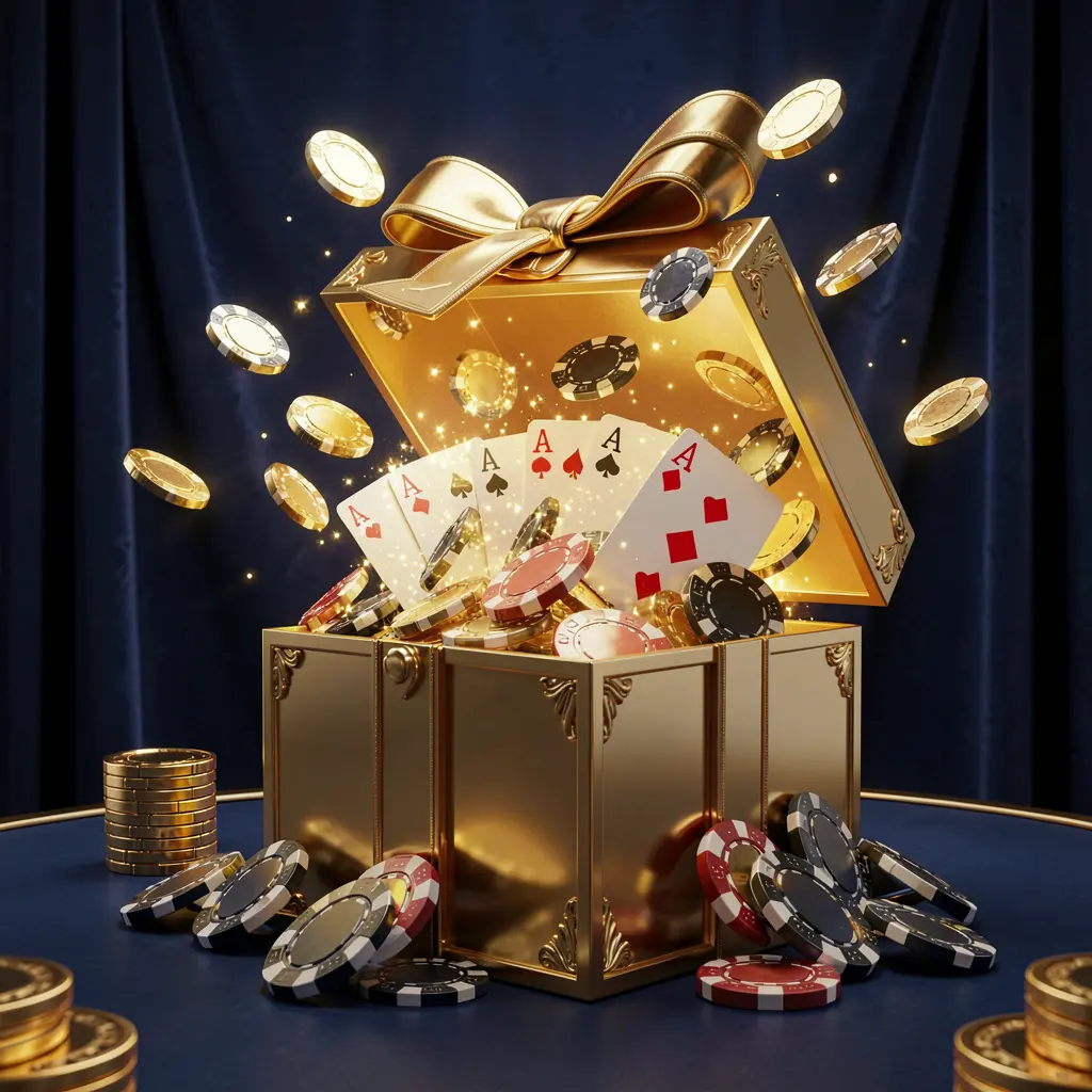 A luxurious welcome bonus scene for BC8 online casino featuring an open golden gift box with casino chips, playing cards, and sparkling coins bursting out against a premium dark blue and black background with a bright golden glow in an elegant festive mood