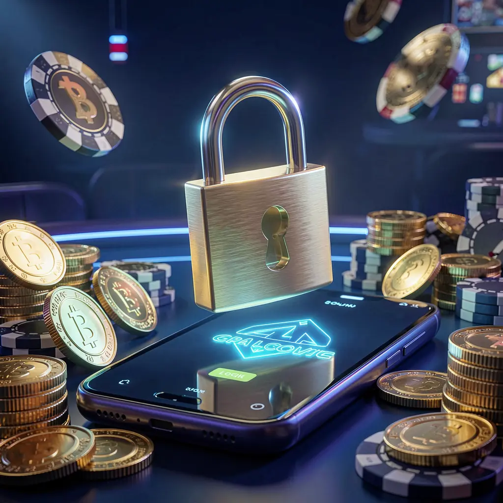 BC8 casino login security image featuring a glowing padlock floating above a smartphone with golden coins and chips scattered around on a dark blue neon background