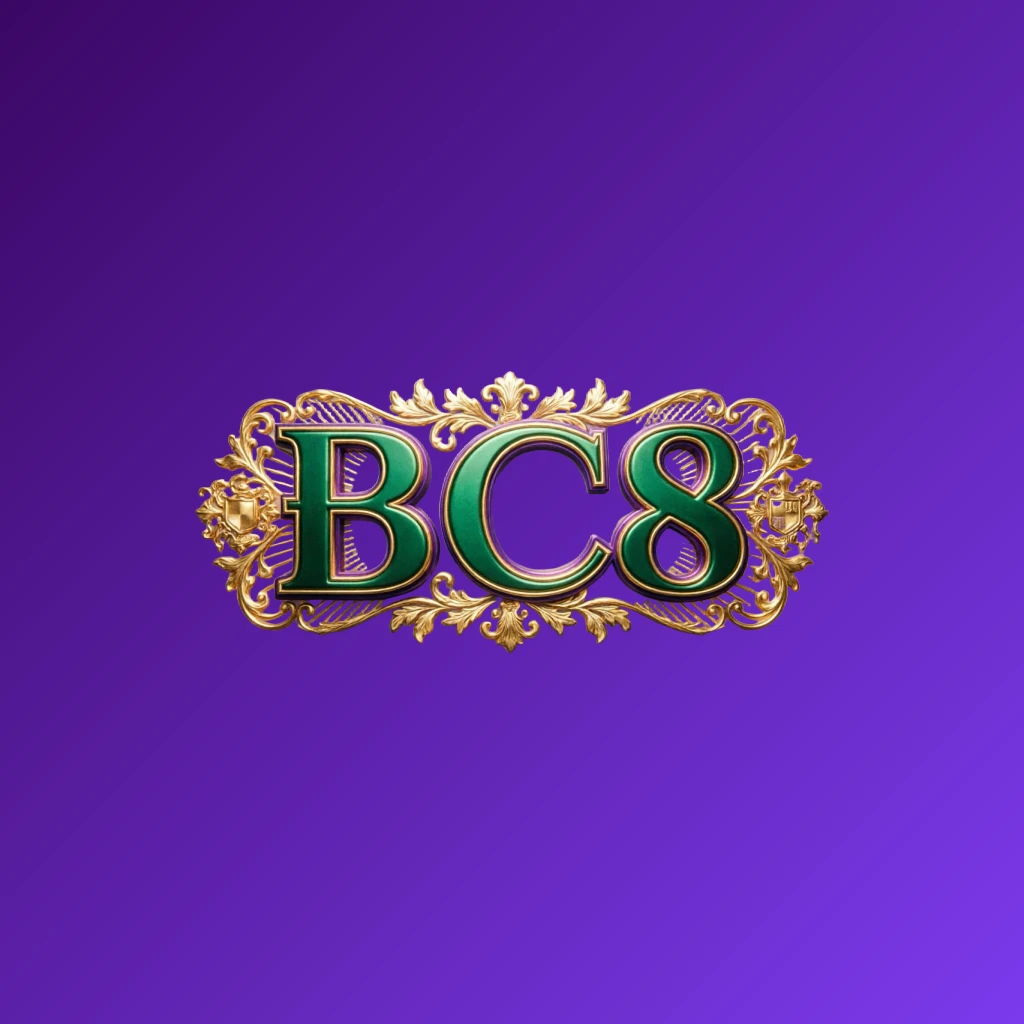 Luxury colorful BC8 logo featuring bold serif typography in rich emerald, violet, and gold palette with elegant glowing ornaments, designed as a premium brand identity on a transparent background in a wide horizontal rectangular wordmark format for website header