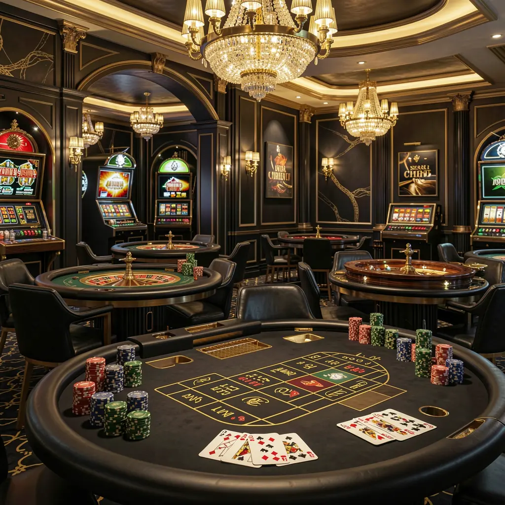 BC8 luxury online casino lobby with glowing roulette tables, golden lights, poker chips and cards in a premium black and gold design